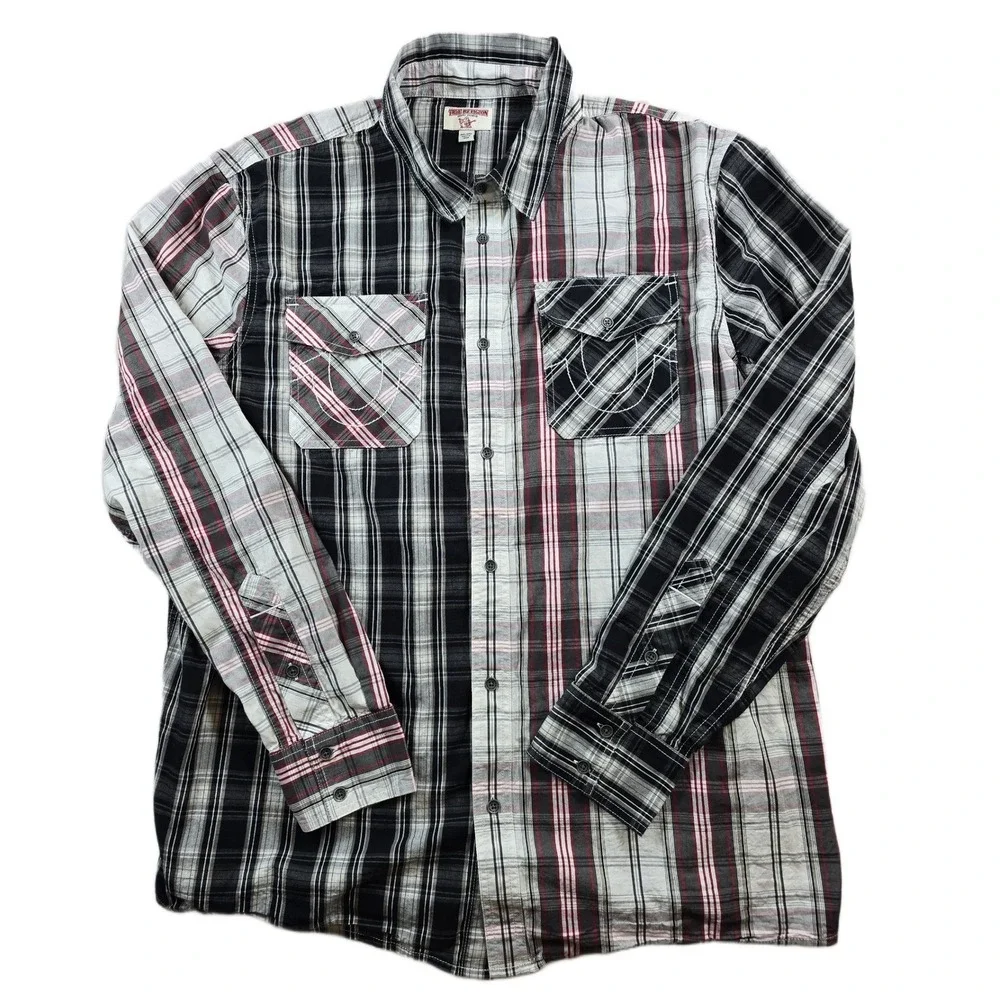 True Religion Western Utility Shirt Mens 2XL Black White Red Plaid Cotton LS